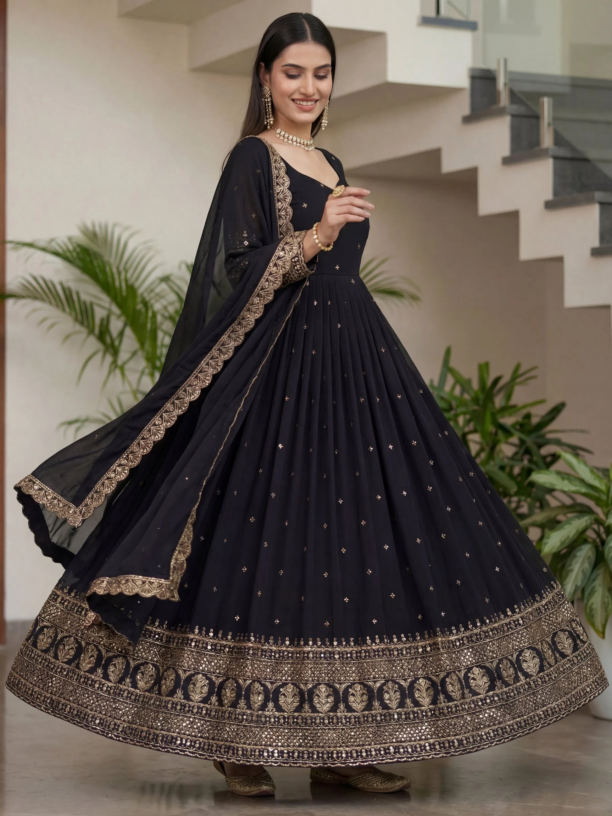 Great Black Zari Embroidered Silk Event Wear Gown With Dupatta