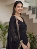 Great Black Zari Embroidered Silk Event Wear Gown With Dupatta