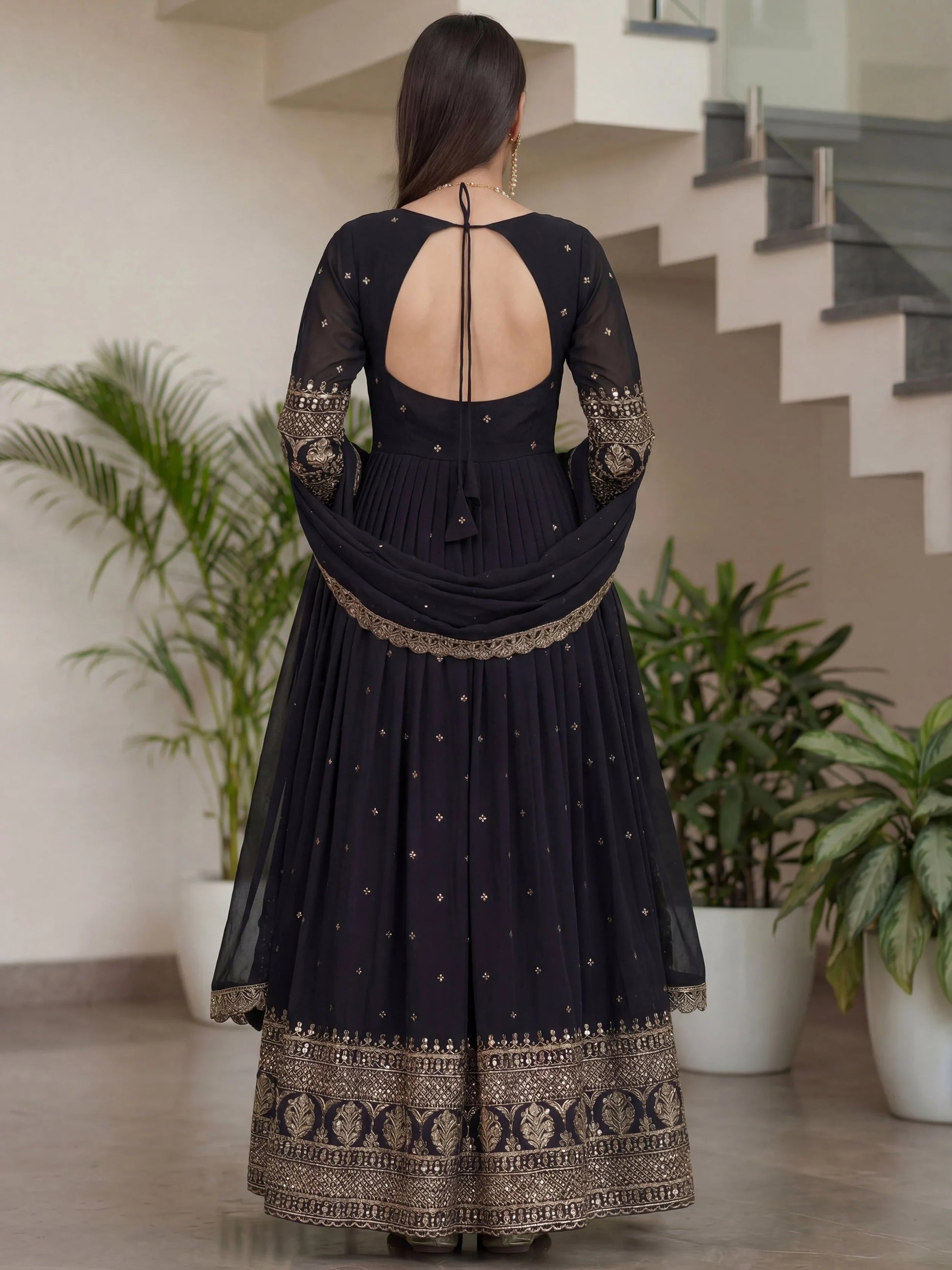 Great Black Zari Embroidered Silk Event Wear Gown With Dupatta