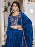 Great Blue Floral Embroidery Silk Wedding Wear Lehenga Choli With Dupatta