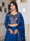 Great Blue Floral Embroidery Silk Wedding Wear Lehenga Choli With Dupatta
