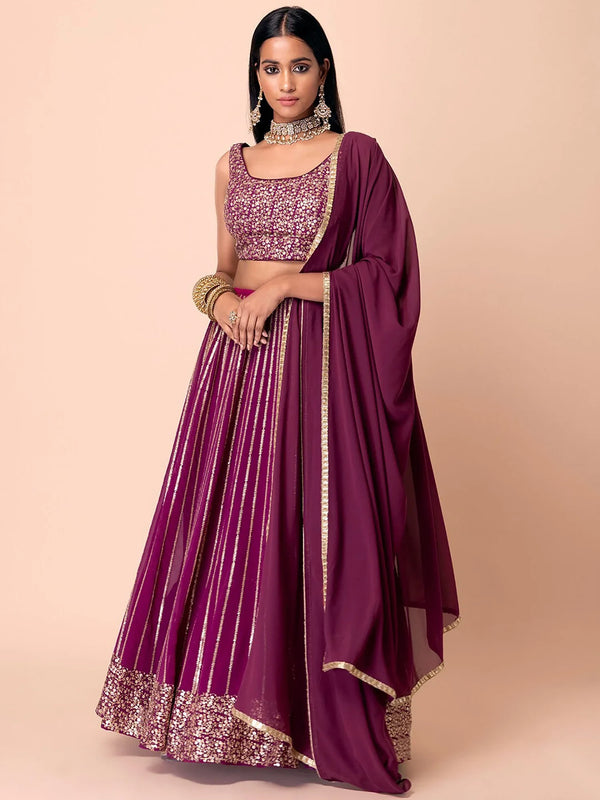 Great Dark Purple Sequin Georgette Engagement Wear Lehenga Choli - Zeel Clothing
