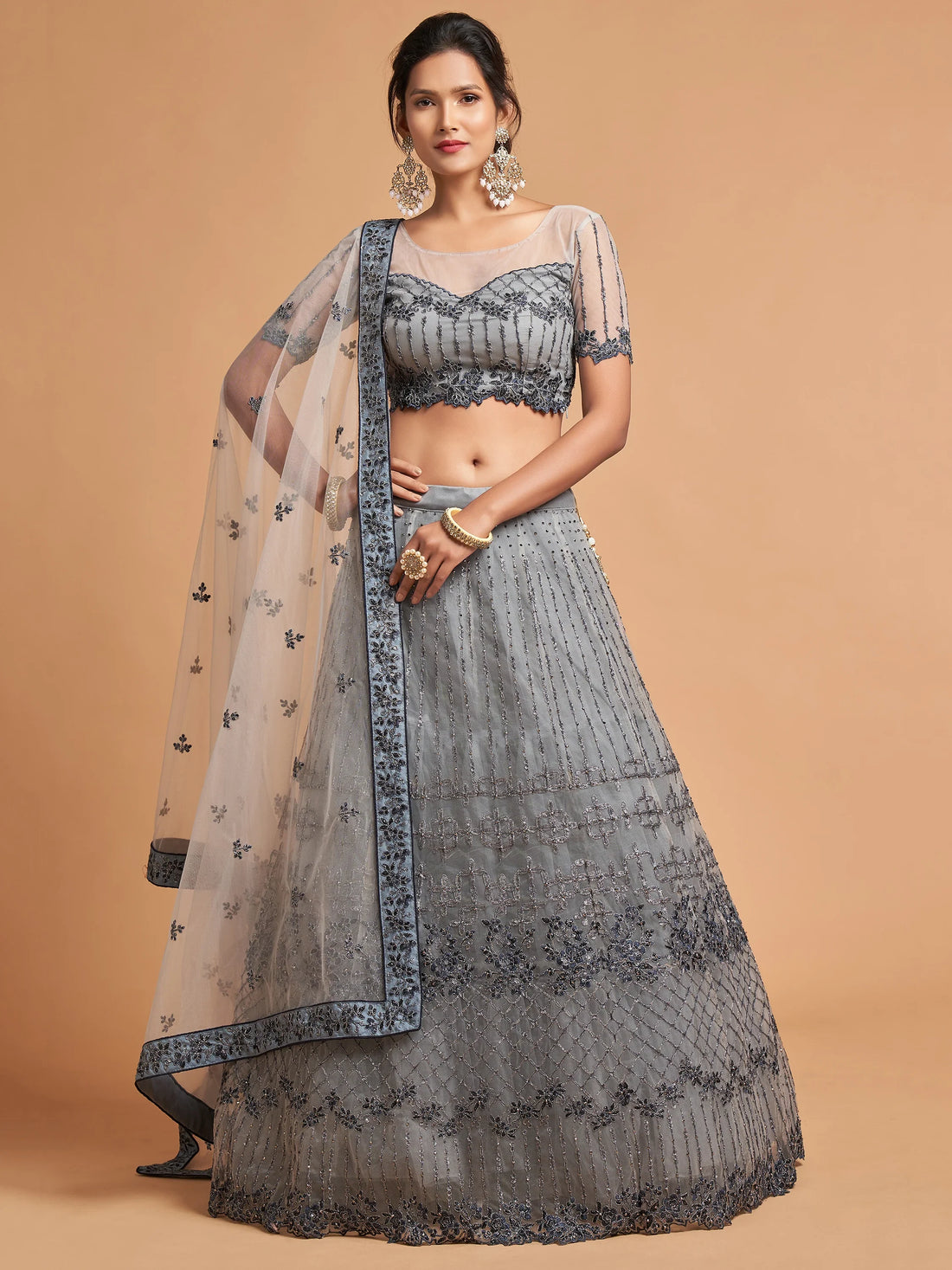Great Grey Zari Embroidered Net Party Wear Lehenga Choli - Zeel Clothing