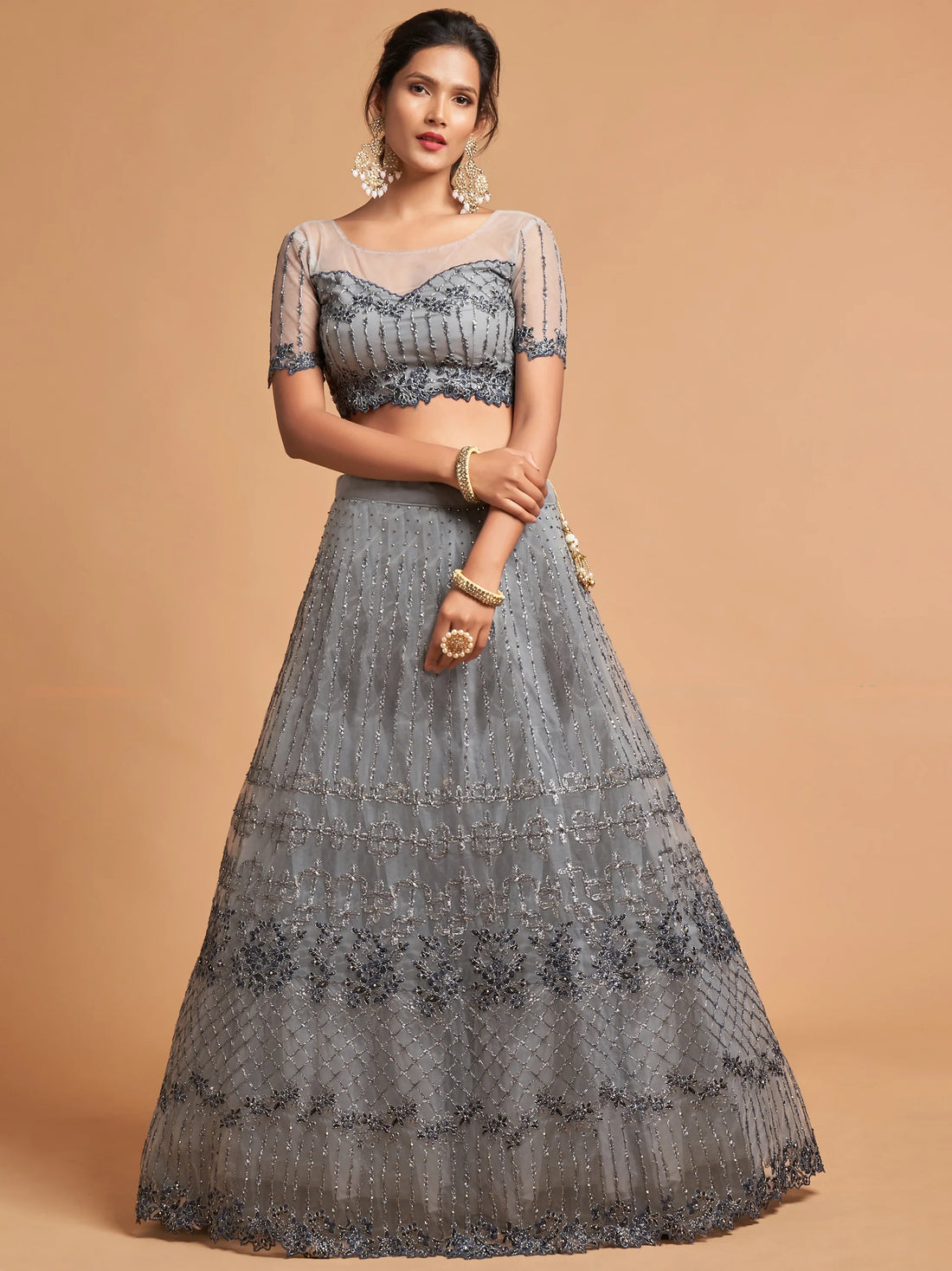 Great Grey Zari Embroidered Net Party Wear Lehenga Choli - Zeel Clothing