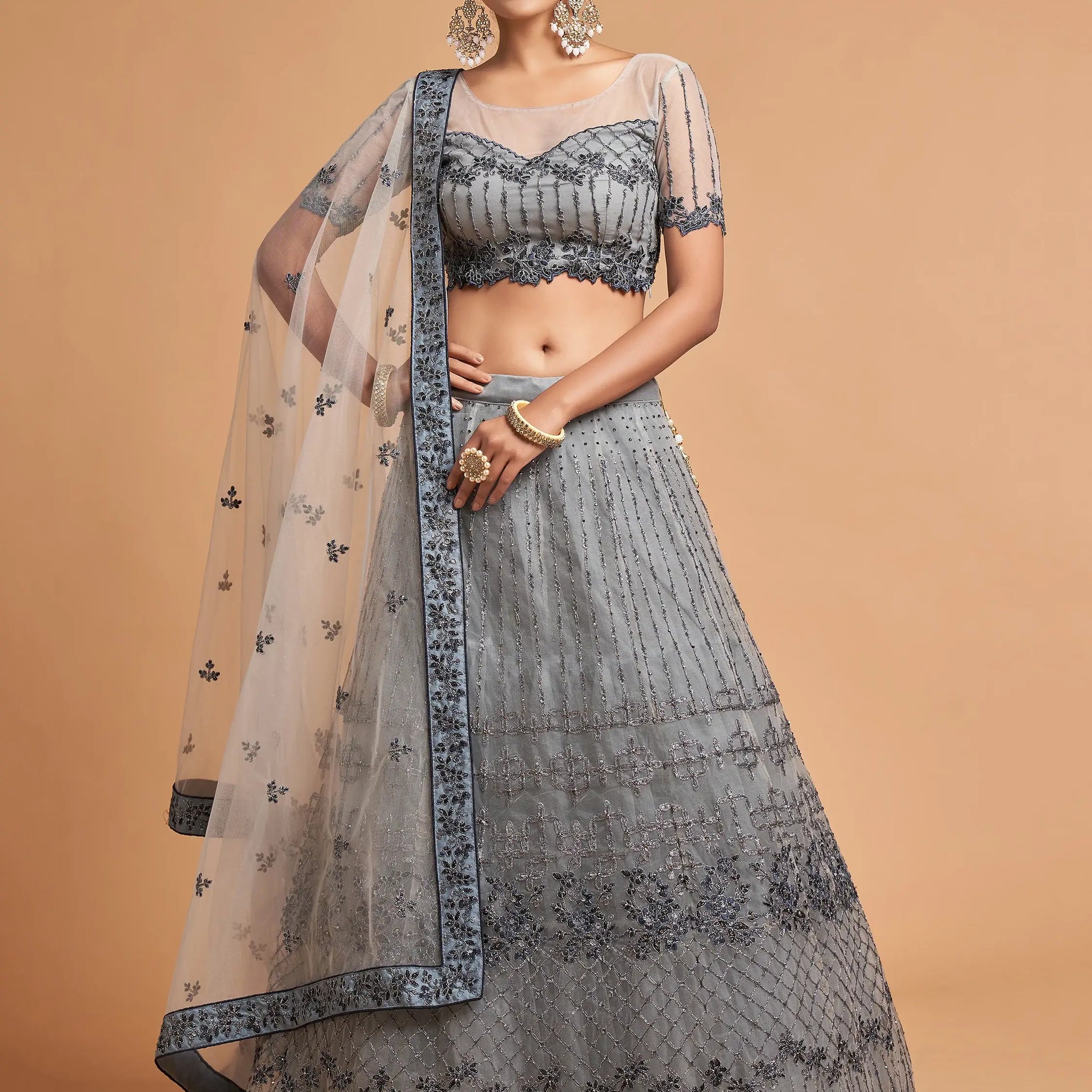 Great Grey Zari Embroidered Net Party Wear Lehenga Choli - Zeel Clothing