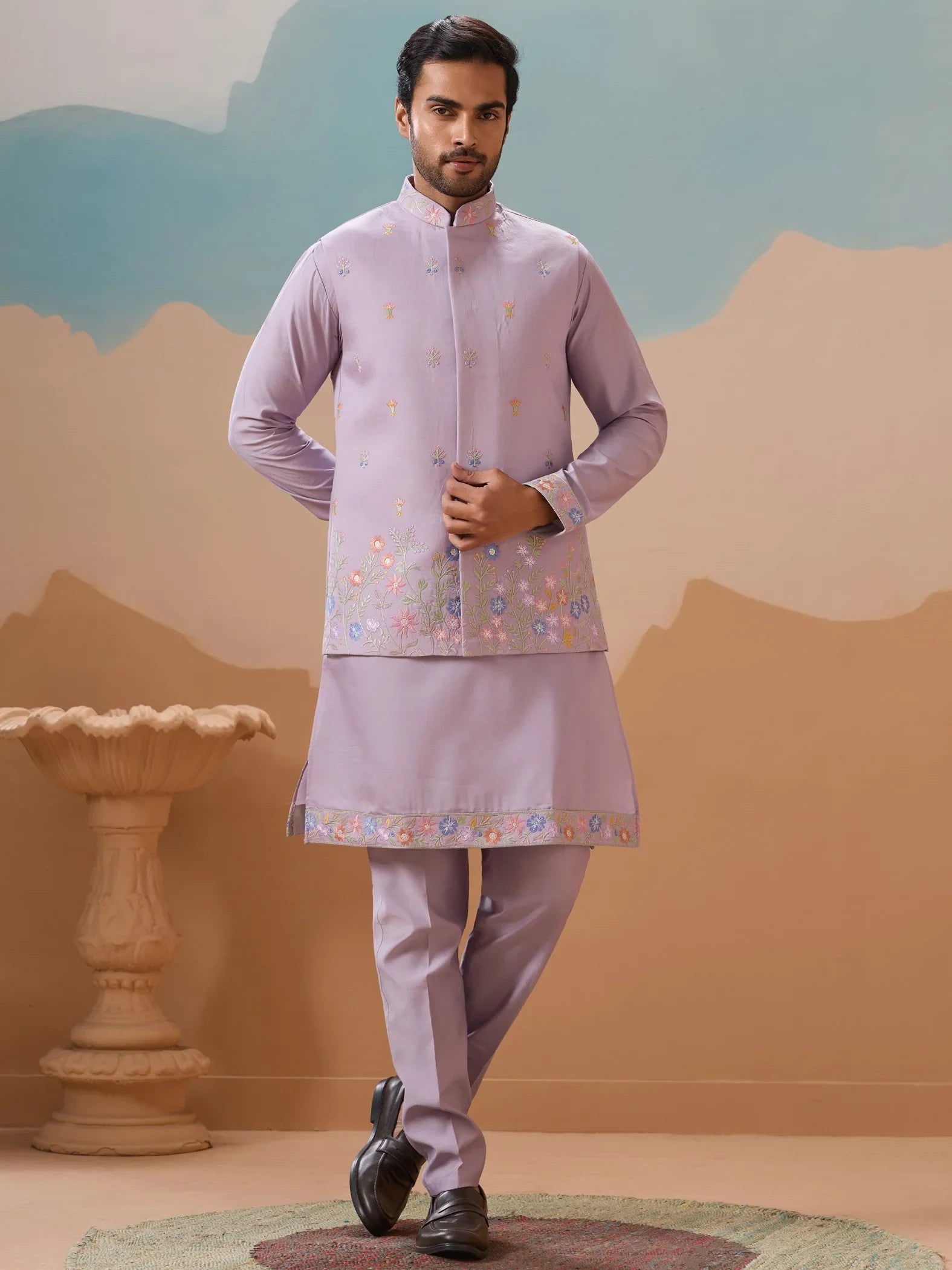 Great Lavender Sequins Work Viscose Silk Designer Men Kurta Set With Jacket