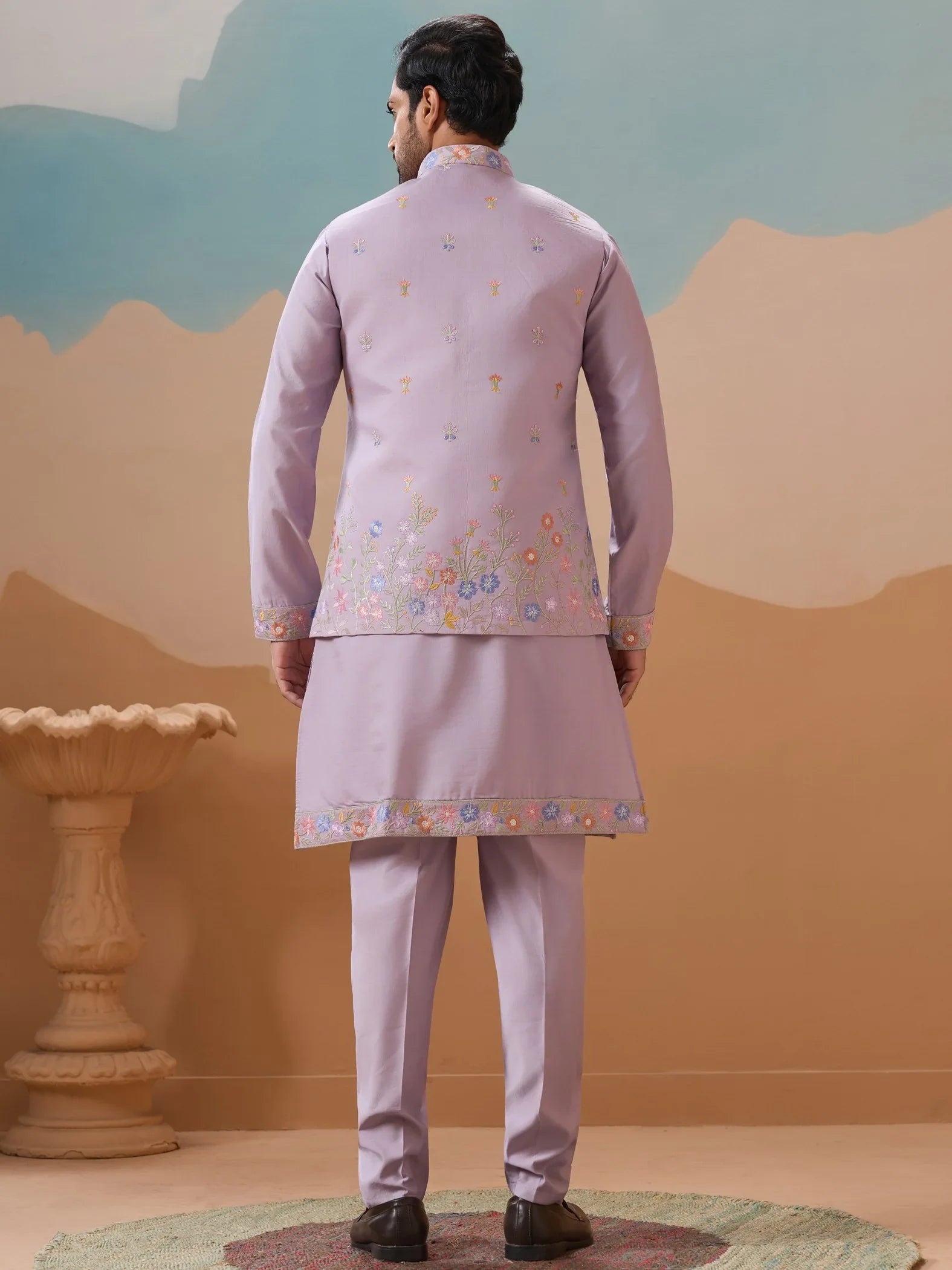 Great Lavender Sequins Work Viscose Silk Designer Men Kurta Set With Jacket