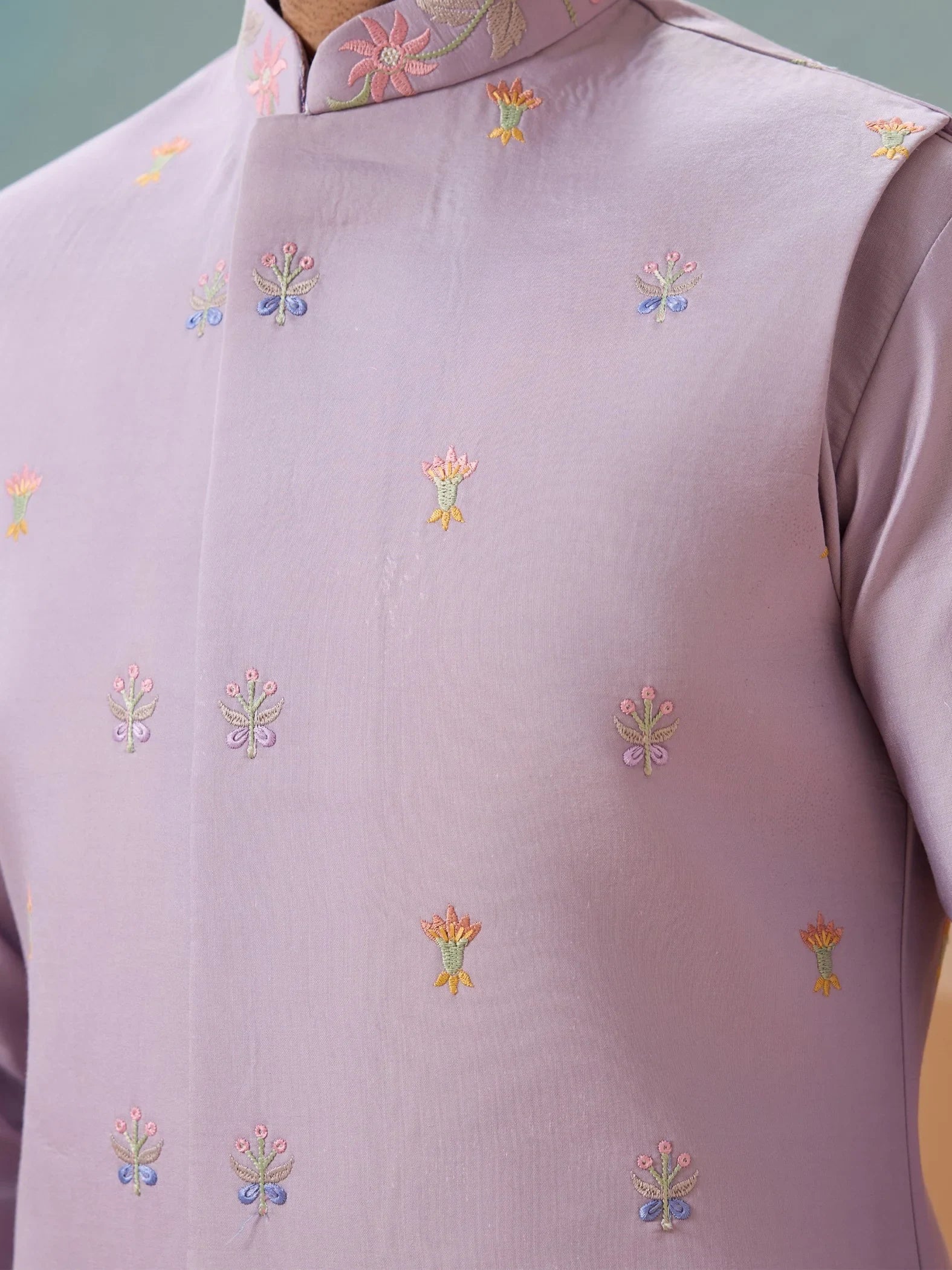 Great Lavender Sequins Work Viscose Silk Designer Men Kurta Set With Jacket