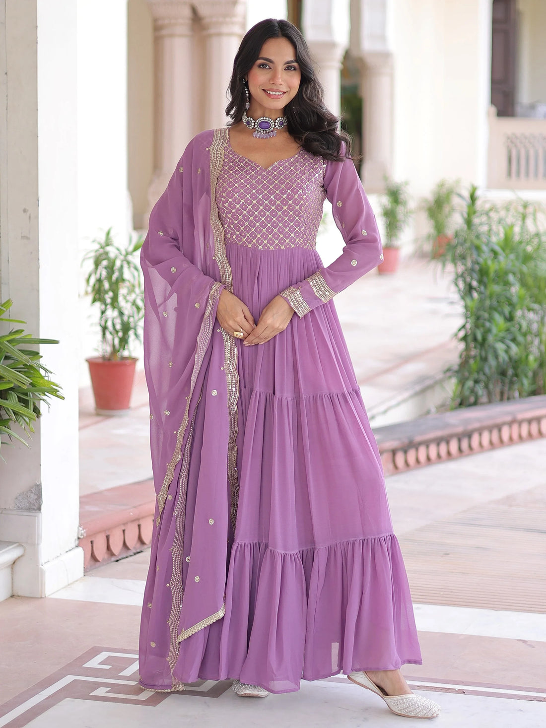 Great Lavender Zari Embroidery Georgette Event Wear Gown With Dupatta