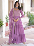 Great Lavender Zari Embroidery Georgette Event Wear Gown With Dupatta