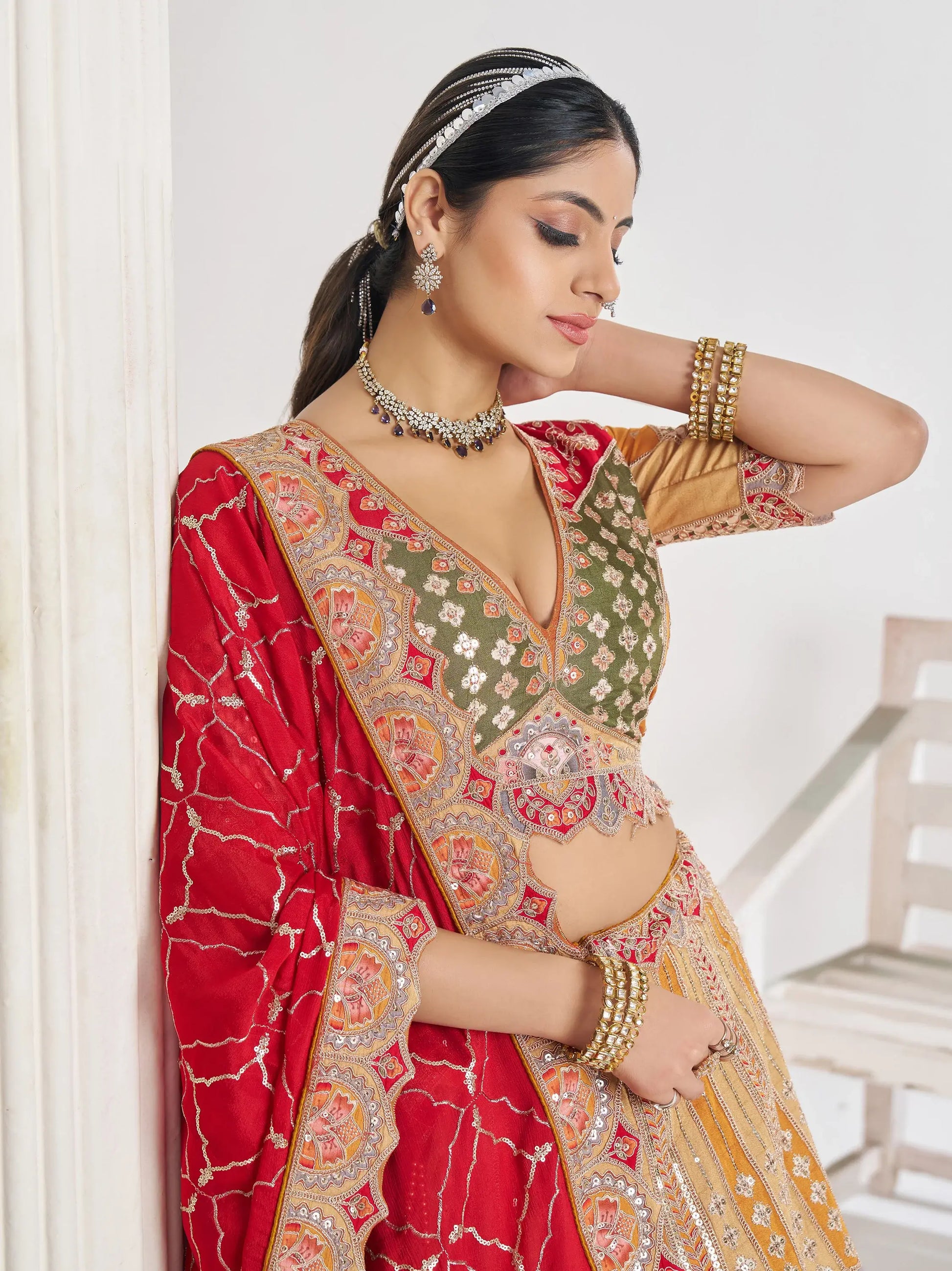 Great Mustard Yellow Thread Work Dola Silk Bridesmaid Lehenga Choli - Zeel Clothing