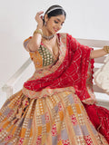Great Mustard Yellow Thread Work Dola Silk Bridesmaid Lehenga Choli - Zeel Clothing