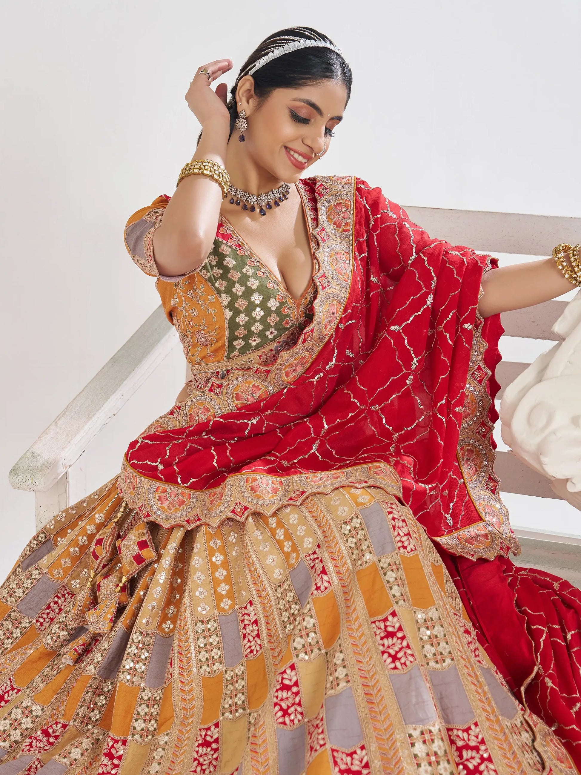 Great Mustard Yellow Thread Work Dola Silk Bridesmaid Lehenga Choli - Zeel Clothing