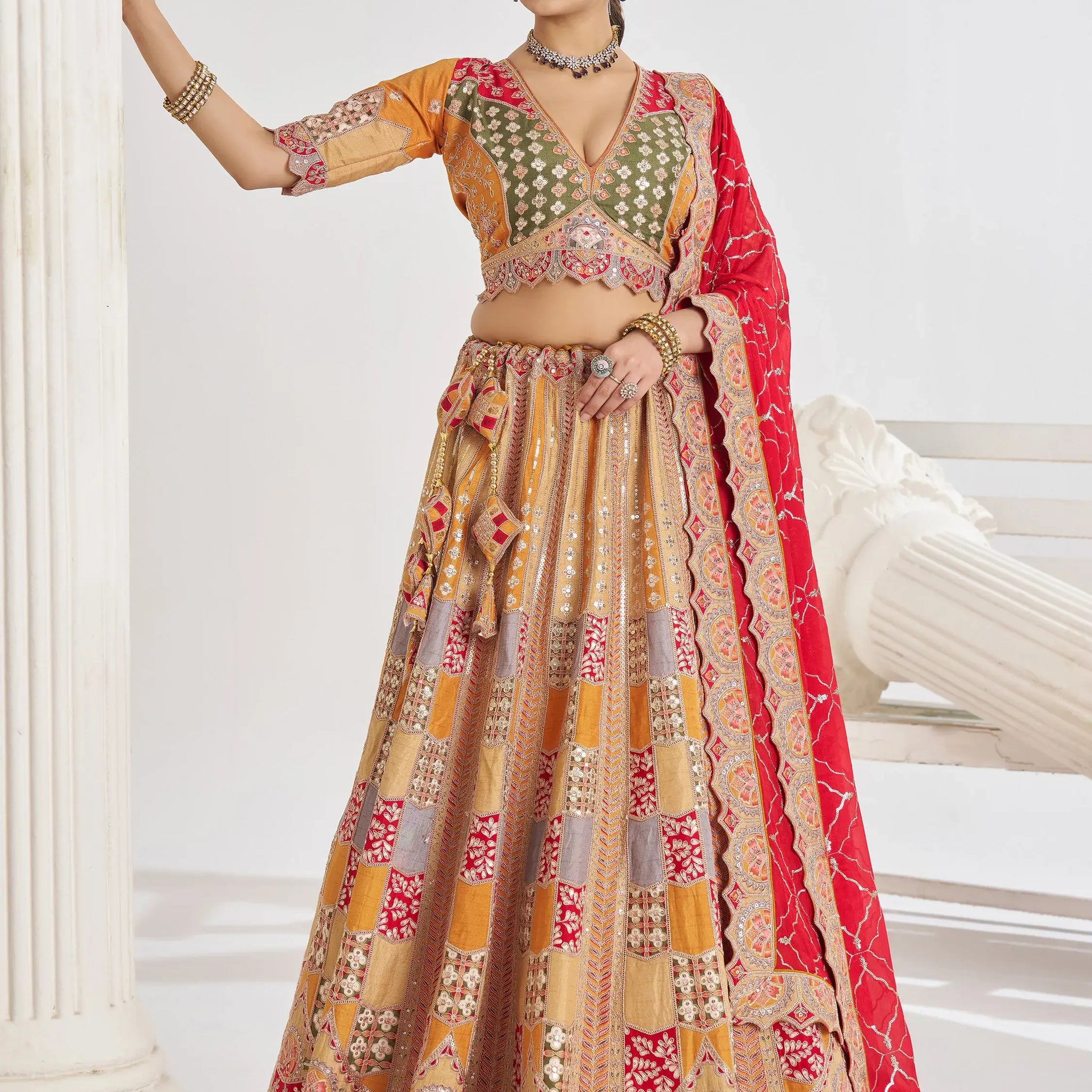 Great Mustard Yellow Thread Work Dola Silk Bridesmaid Lehenga Choli - Zeel Clothing
