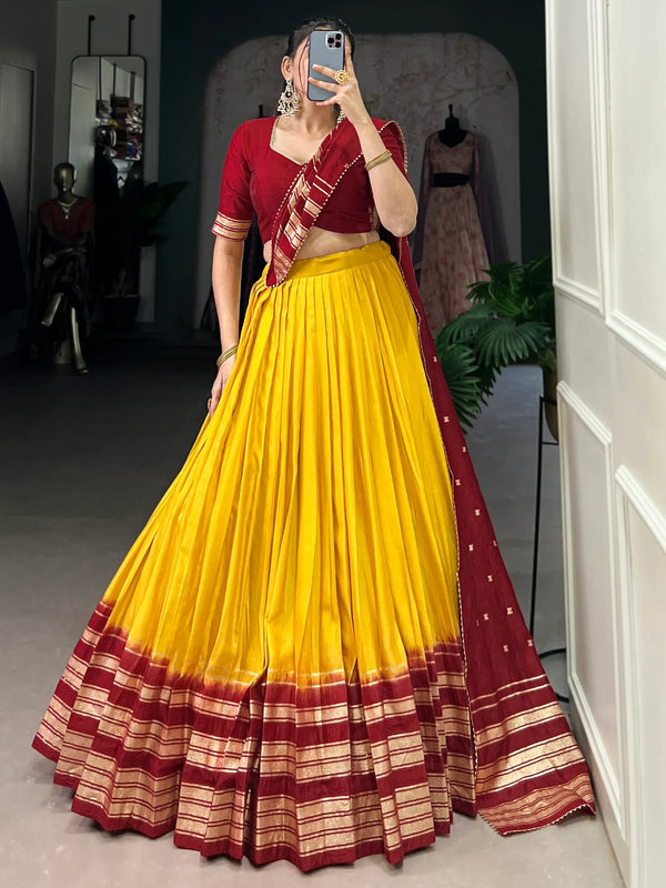 Great Mustard Yellow Zari Weaving Chanderi Traditional Lehenga Choli - Zeel Clothing