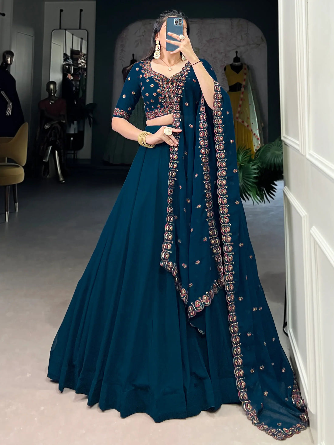 Great Navy Blue Thread Work Georgette Sangeet Wear Lehenga Choli - Zeel Clothing