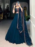 Great Navy Blue Thread Work Georgette Sangeet Wear Lehenga Choli - Zeel Clothing