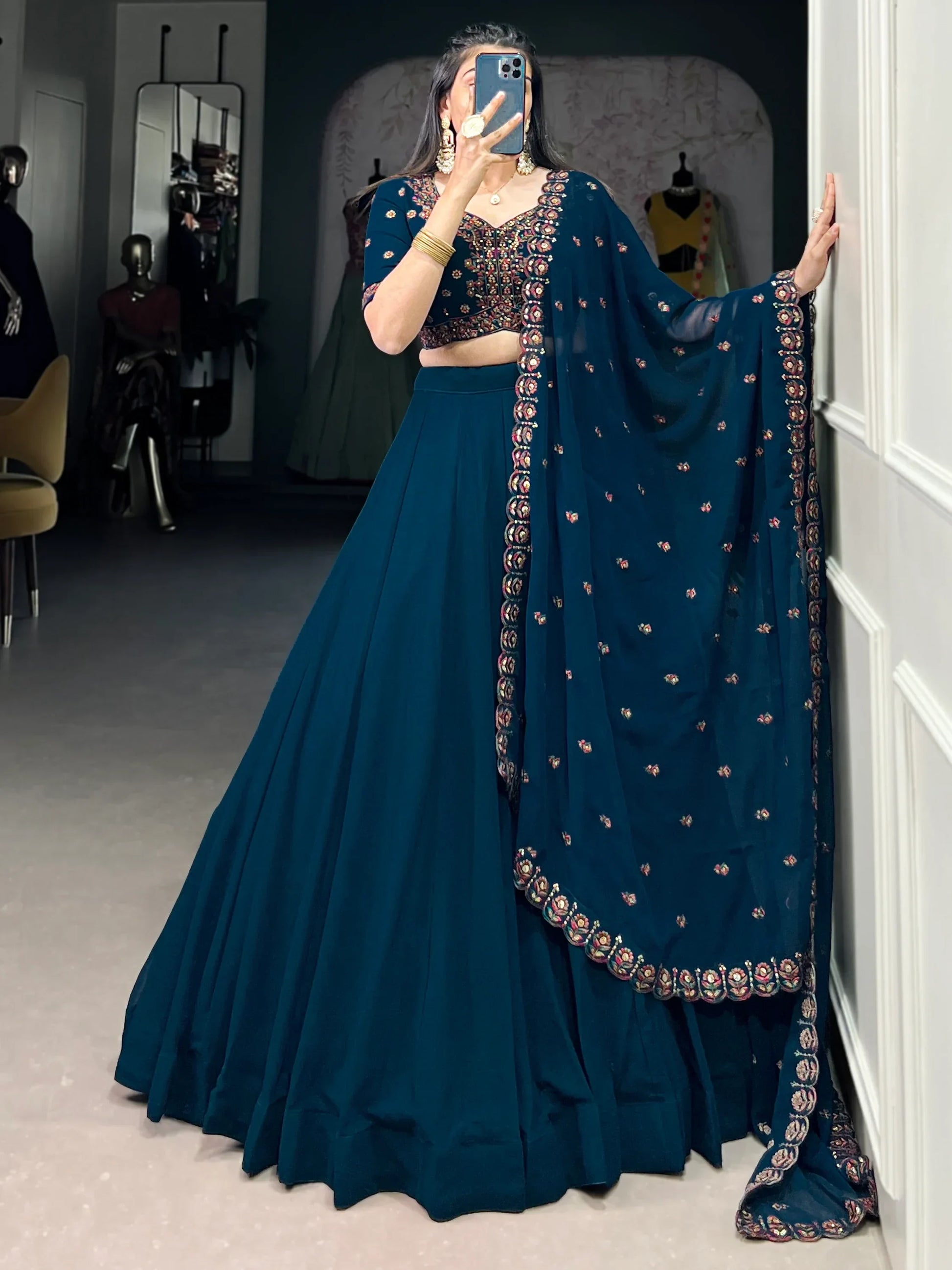 Great Navy Blue Thread Work Georgette Sangeet Wear Lehenga Choli - Zeel Clothing