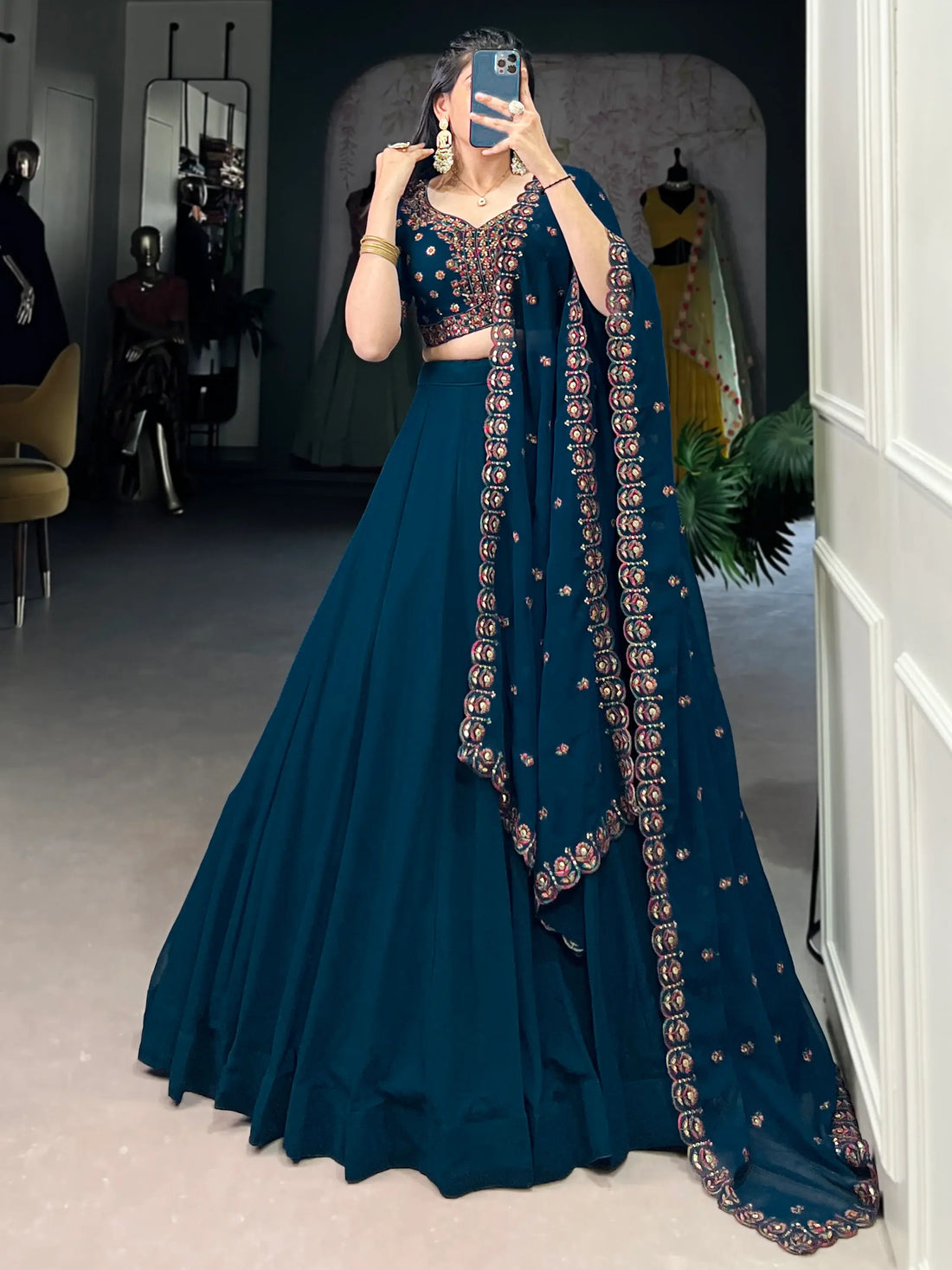 Great Navy Blue Thread Work Georgette Sangeet Wear Lehenga Choli - Zeel Clothing