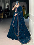 Great Navy Blue Thread Work Georgette Sangeet Wear Lehenga Choli - Zeel Clothing