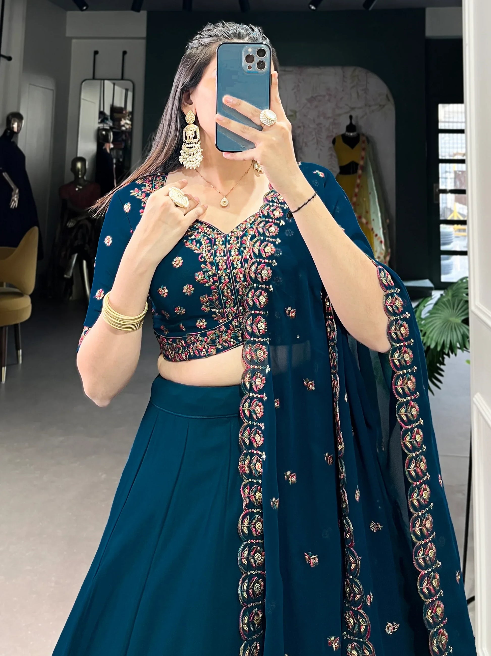 Great Navy Blue Thread Work Georgette Sangeet Wear Lehenga Choli - Zeel Clothing