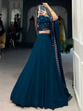 Great Navy Blue Thread Work Georgette Sangeet Wear Lehenga Choli - Zeel Clothing