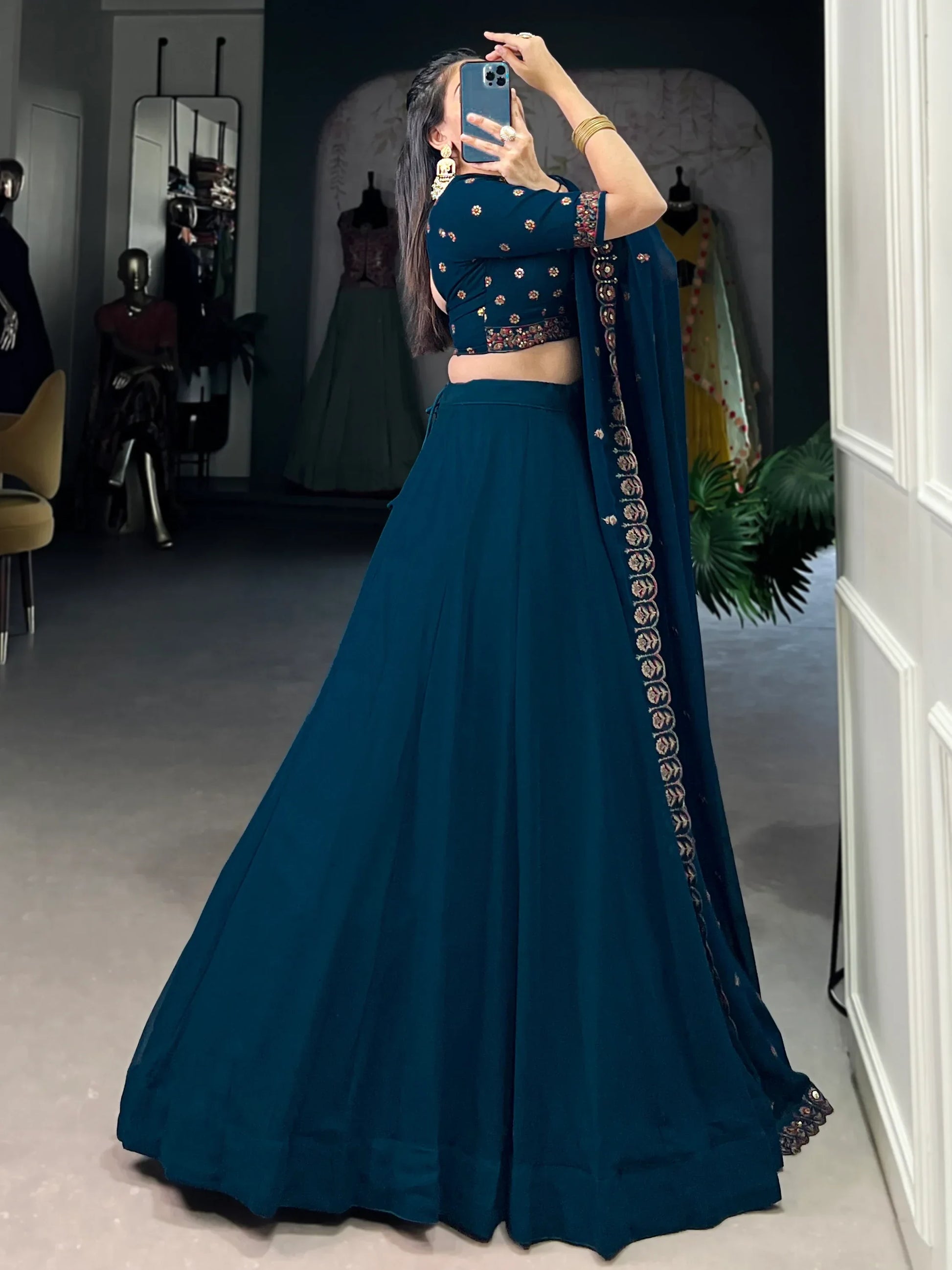 Great Navy Blue Thread Work Georgette Sangeet Wear Lehenga Choli - Zeel Clothing