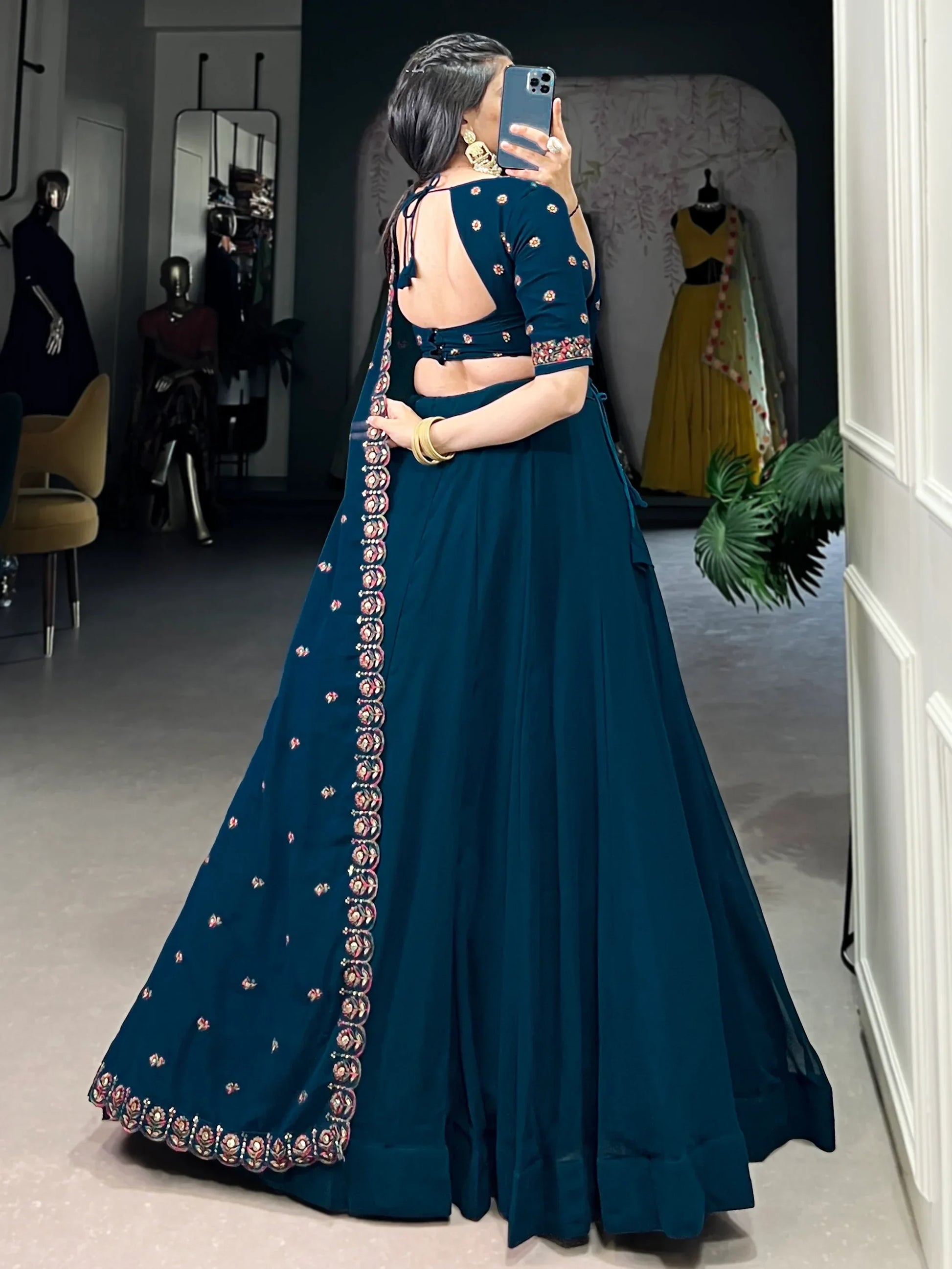 Great Navy Blue Thread Work Georgette Sangeet Wear Lehenga Choli - Zeel Clothing
