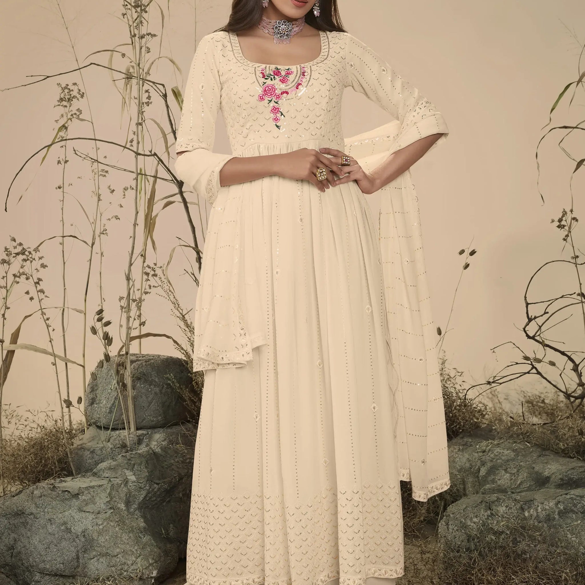 Great Off-White Sequins Georgette Ready-Made Palazzo Suit - Zeel Clothing