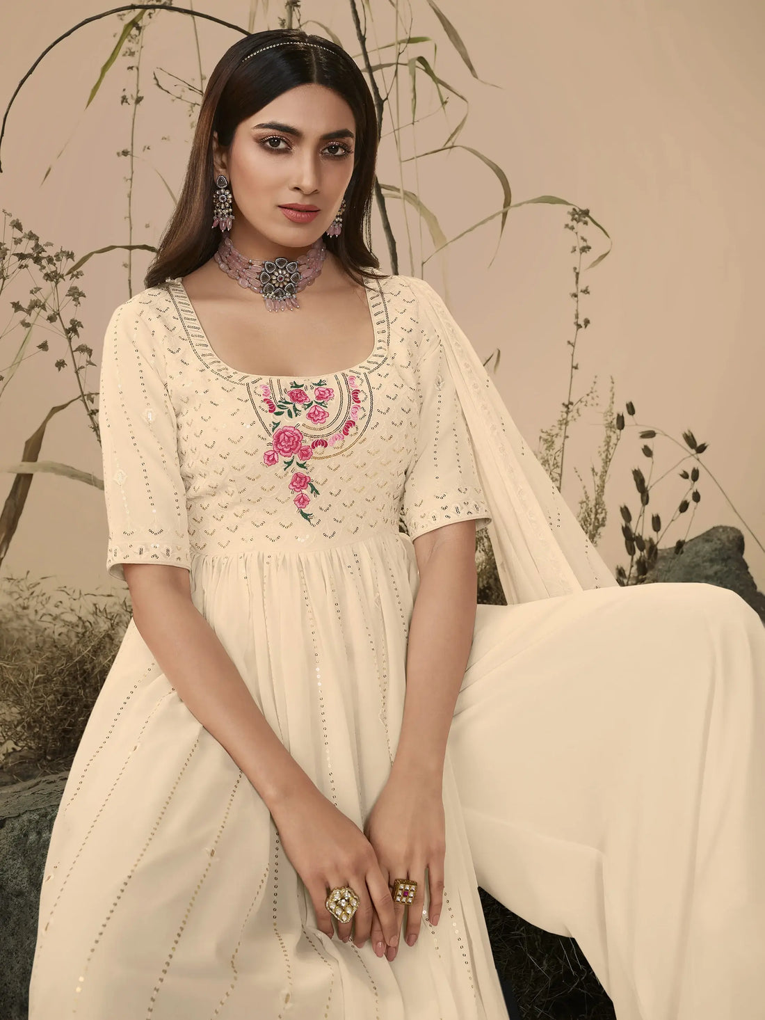 Great Off-White Sequins Georgette Ready-Made Palazzo Suit - Zeel Clothing
