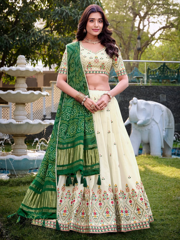 Great Off-White Thread Work Cotton Wedding Lehenga Choli With Green Dupatta - Zeel Clothing