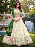 Great Off-White Thread Work Cotton Wedding Lehenga Choli With Green Dupatta - Zeel Clothing