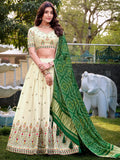 Great Off-White Thread Work Cotton Wedding Lehenga Choli With Green Dupatta - Zeel Clothing