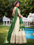 Great Off-White Thread Work Cotton Wedding Lehenga Choli With Green Dupatta - Zeel Clothing