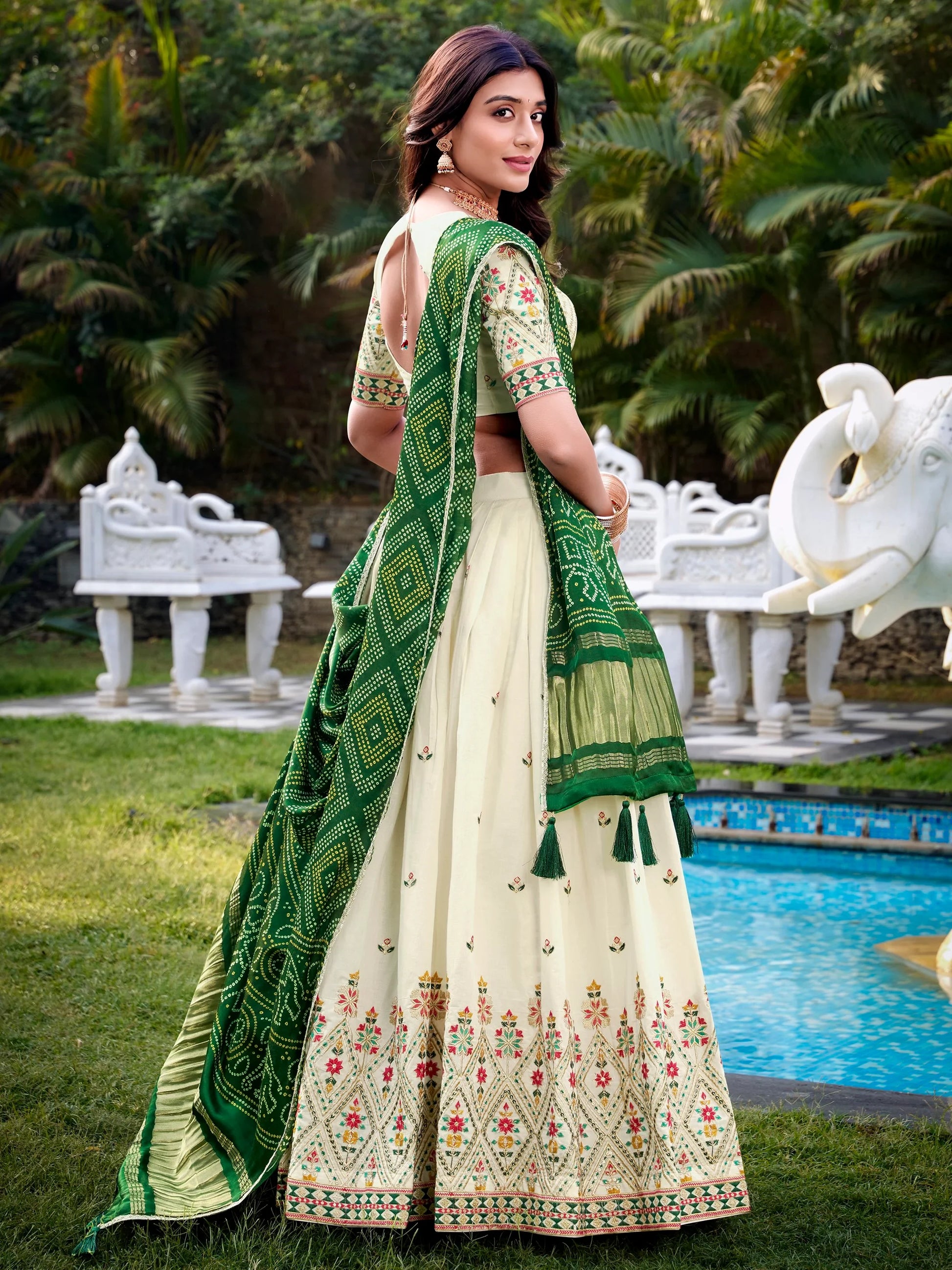Great Off-White Thread Work Cotton Wedding Lehenga Choli With Green Dupatta - Zeel Clothing