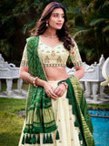 Great Off-White Thread Work Cotton Wedding Lehenga Choli With Green Dupatta - Zeel Clothing