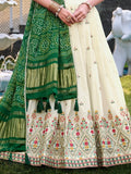 Great Off-White Thread Work Cotton Wedding Lehenga Choli With Green Dupatta - Zeel Clothing