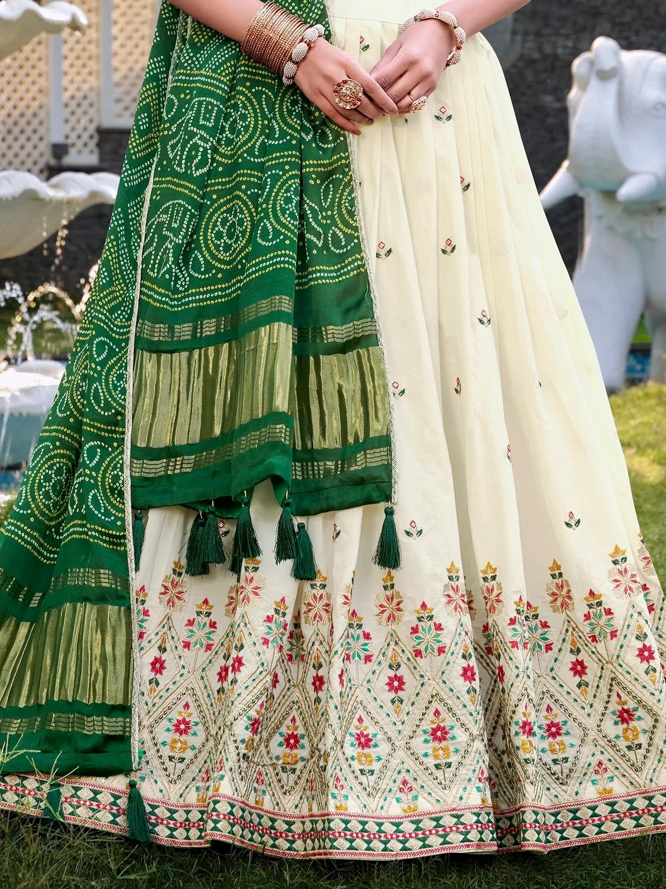Great Off-White Thread Work Cotton Wedding Lehenga Choli With Green Dupatta - Zeel Clothing