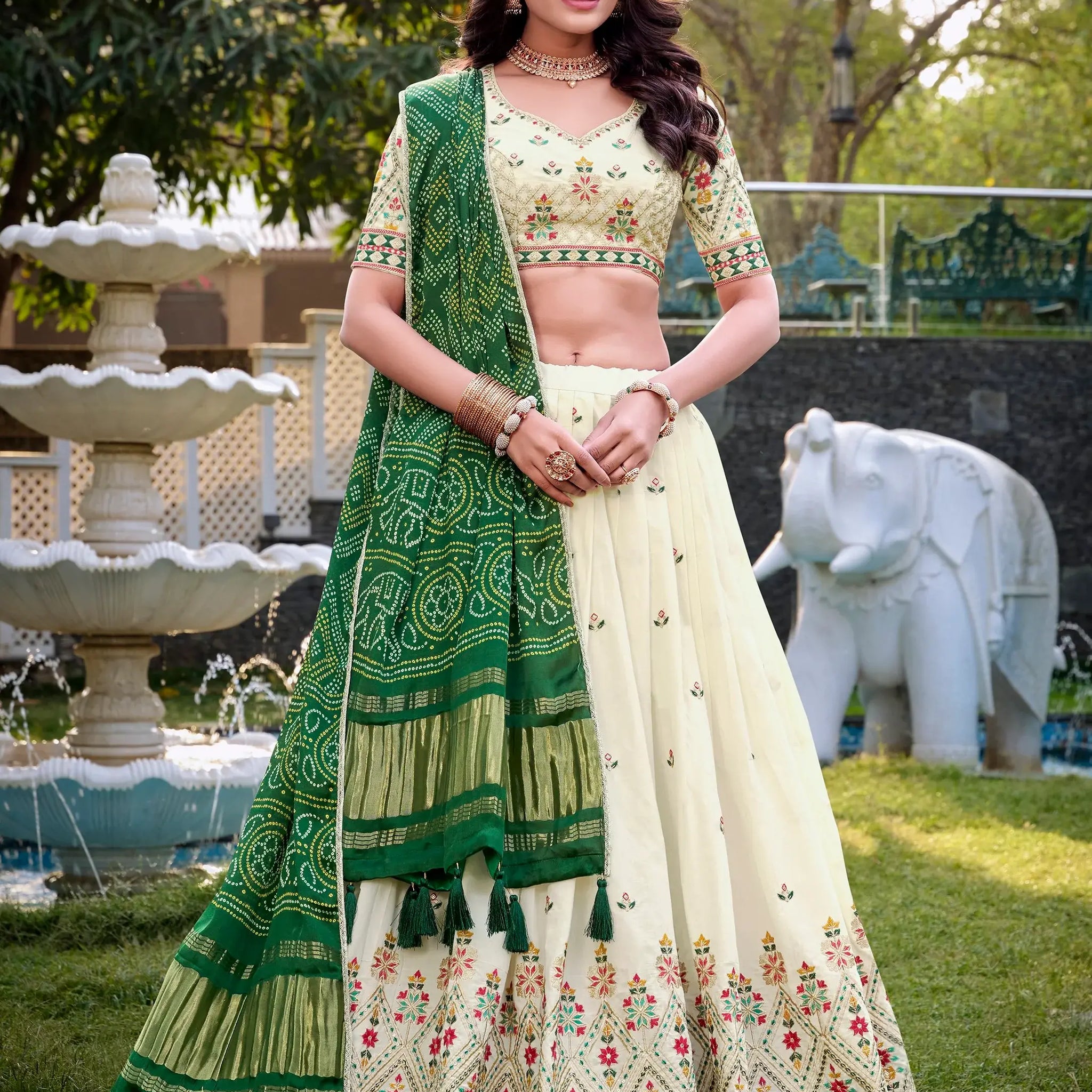 Great Off-White Thread Work Cotton Wedding Lehenga Choli With Green Dupatta - Zeel Clothing