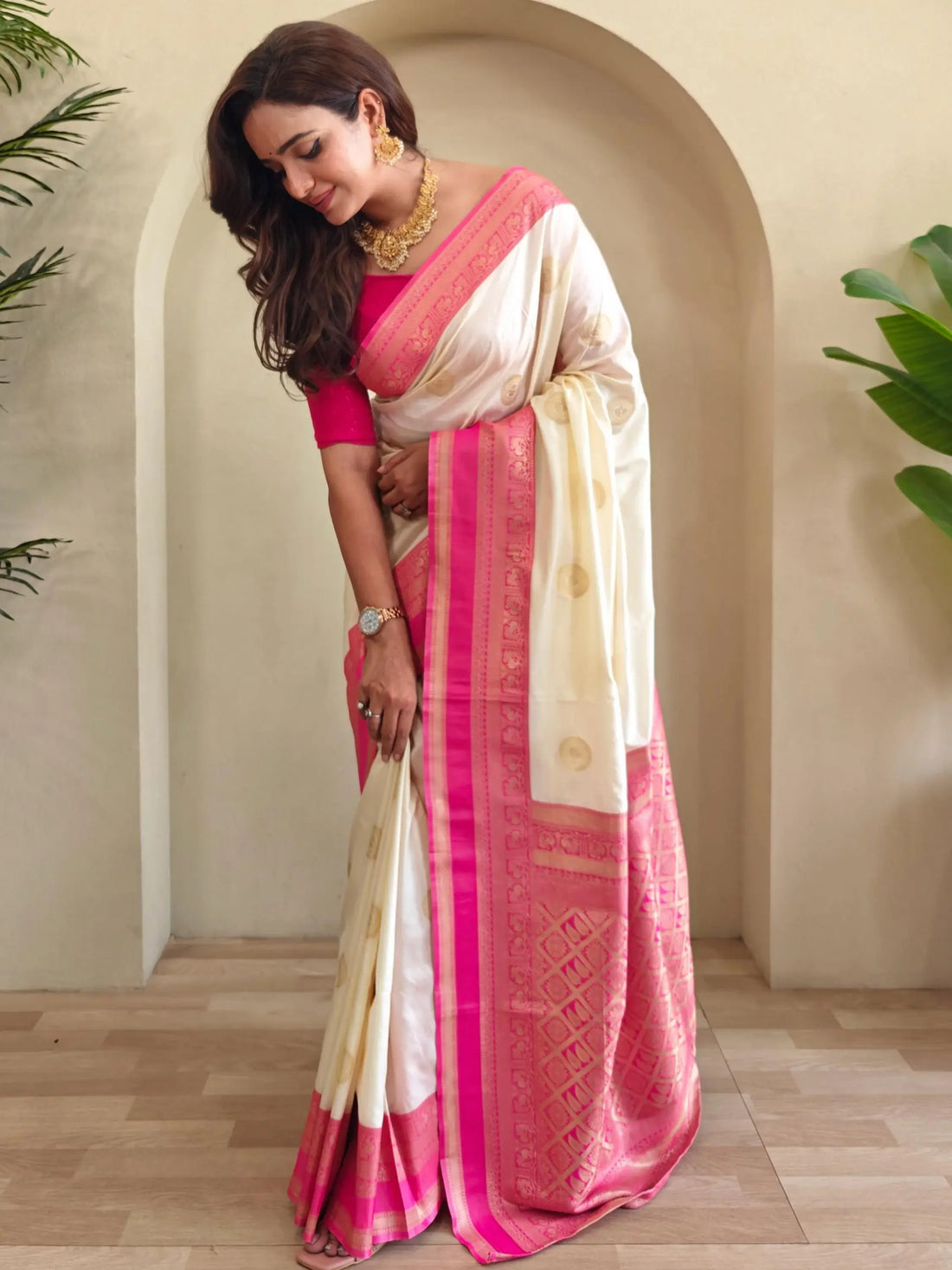 Great Off-White Zari Weaving Silk Saree With Pink Blouse - Zeel Clothing