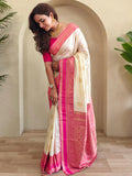 Great Off-White Zari Weaving Silk Saree With Pink Blouse - Zeel Clothing