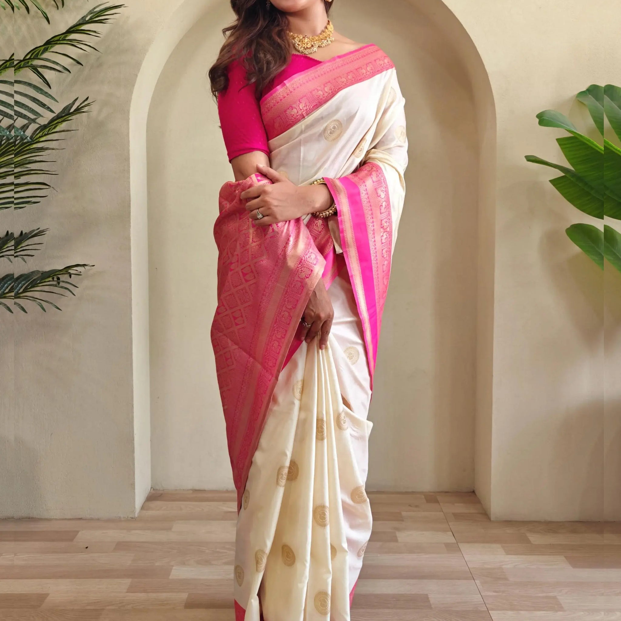 Great Off-White Zari Weaving Silk Saree With Pink Blouse - Zeel Clothing