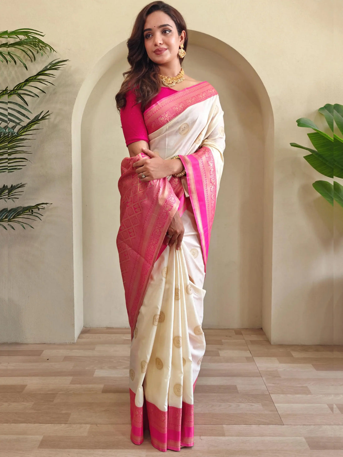 Great Off-White Zari Weaving Silk Saree With Pink Blouse - Zeel Clothing