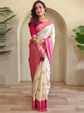 Great Off-White Zari Weaving Silk Saree With Pink Blouse - Zeel Clothing