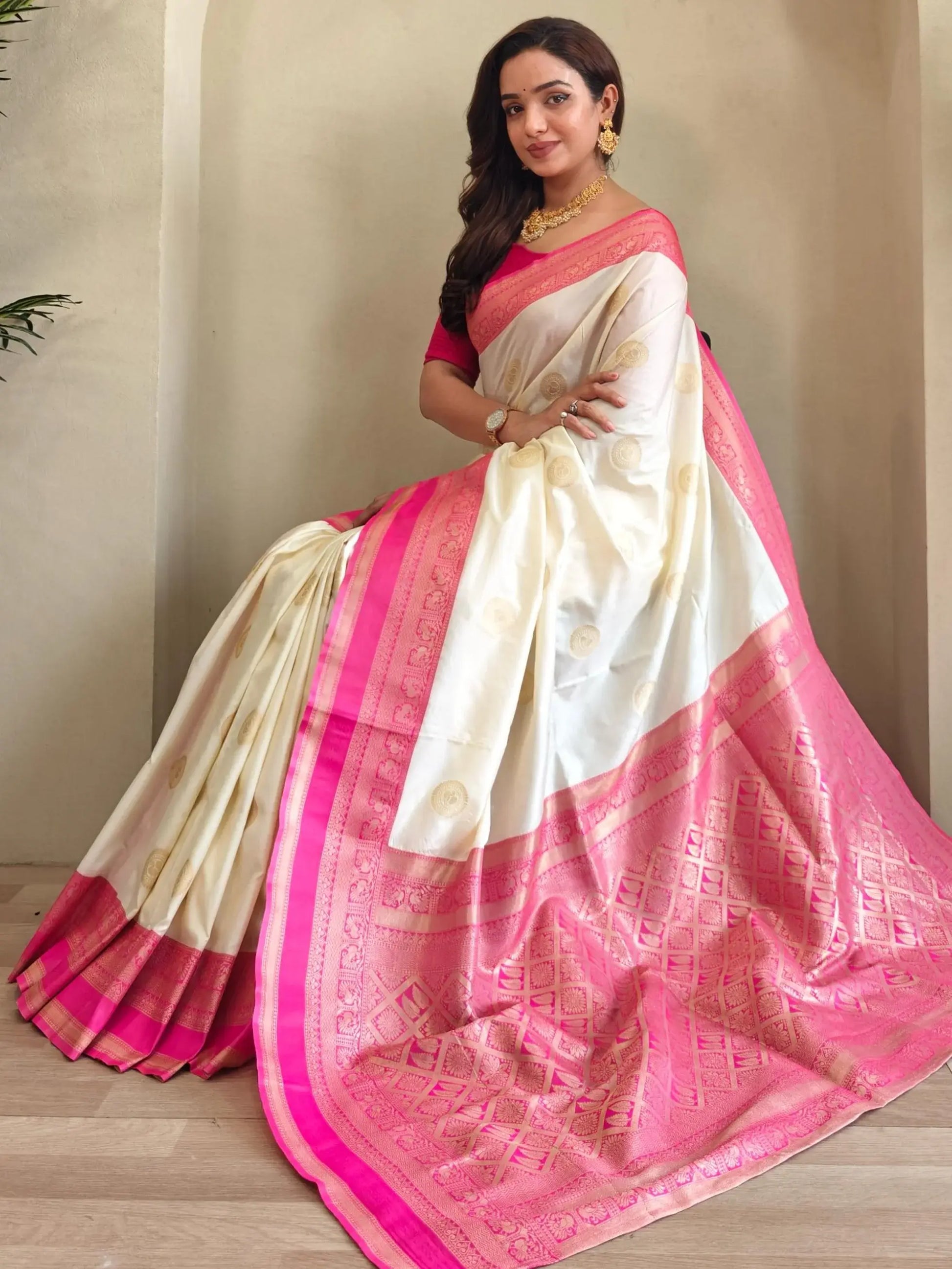 Great Off-White Zari Weaving Silk Saree With Pink Blouse - Zeel Clothing
