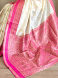 Great Off-White Zari Weaving Silk Saree With Pink Blouse - Zeel Clothing
