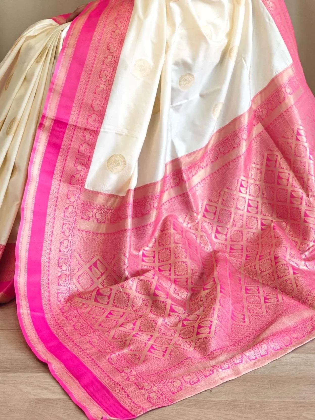 Great Off-White Zari Weaving Silk Saree With Pink Blouse - Zeel Clothing