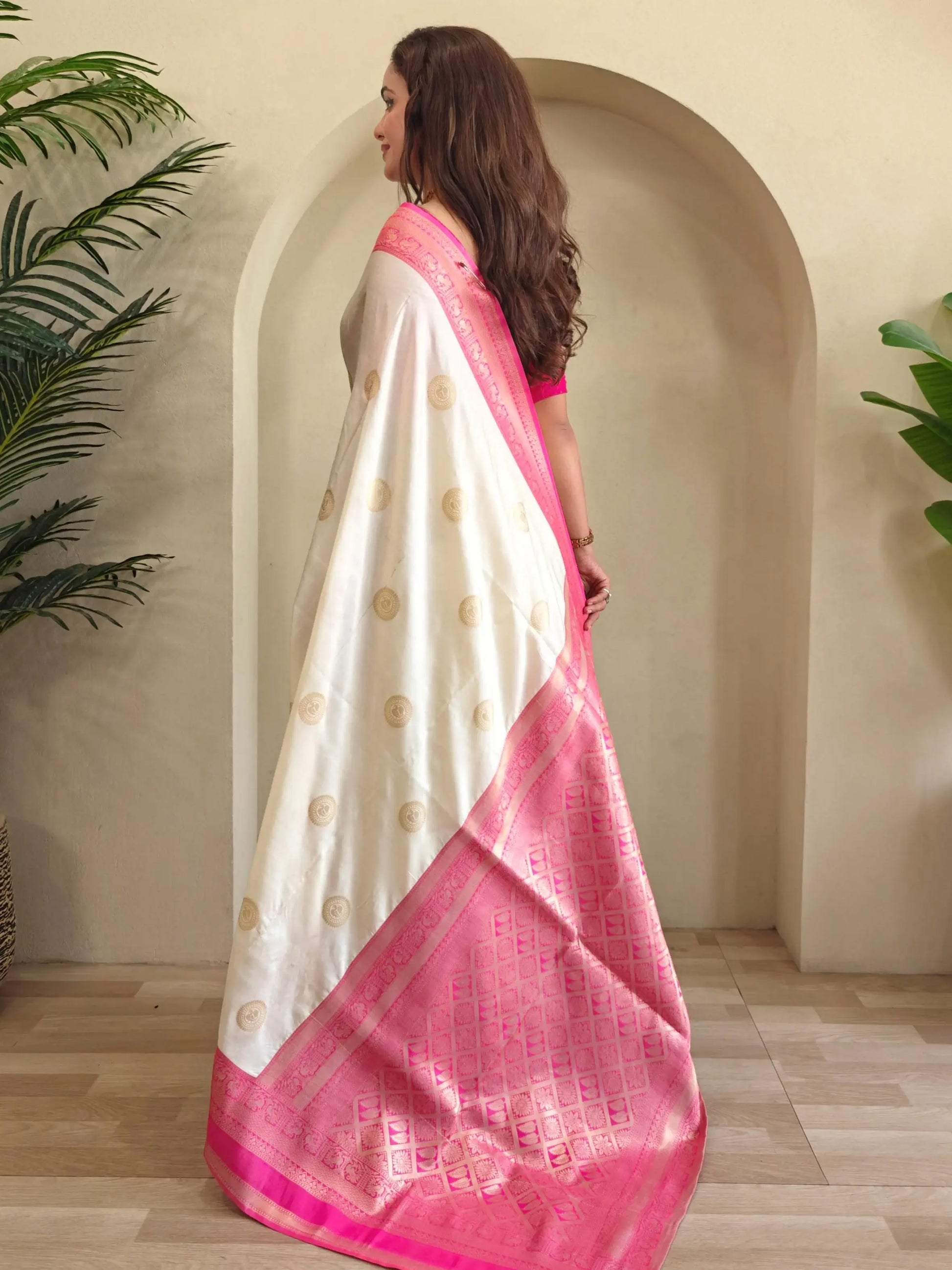 Great Off-White Zari Weaving Silk Saree With Pink Blouse - Zeel Clothing