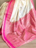 Great Off-White Zari Weaving Silk Saree With Pink Blouse - Zeel Clothing
