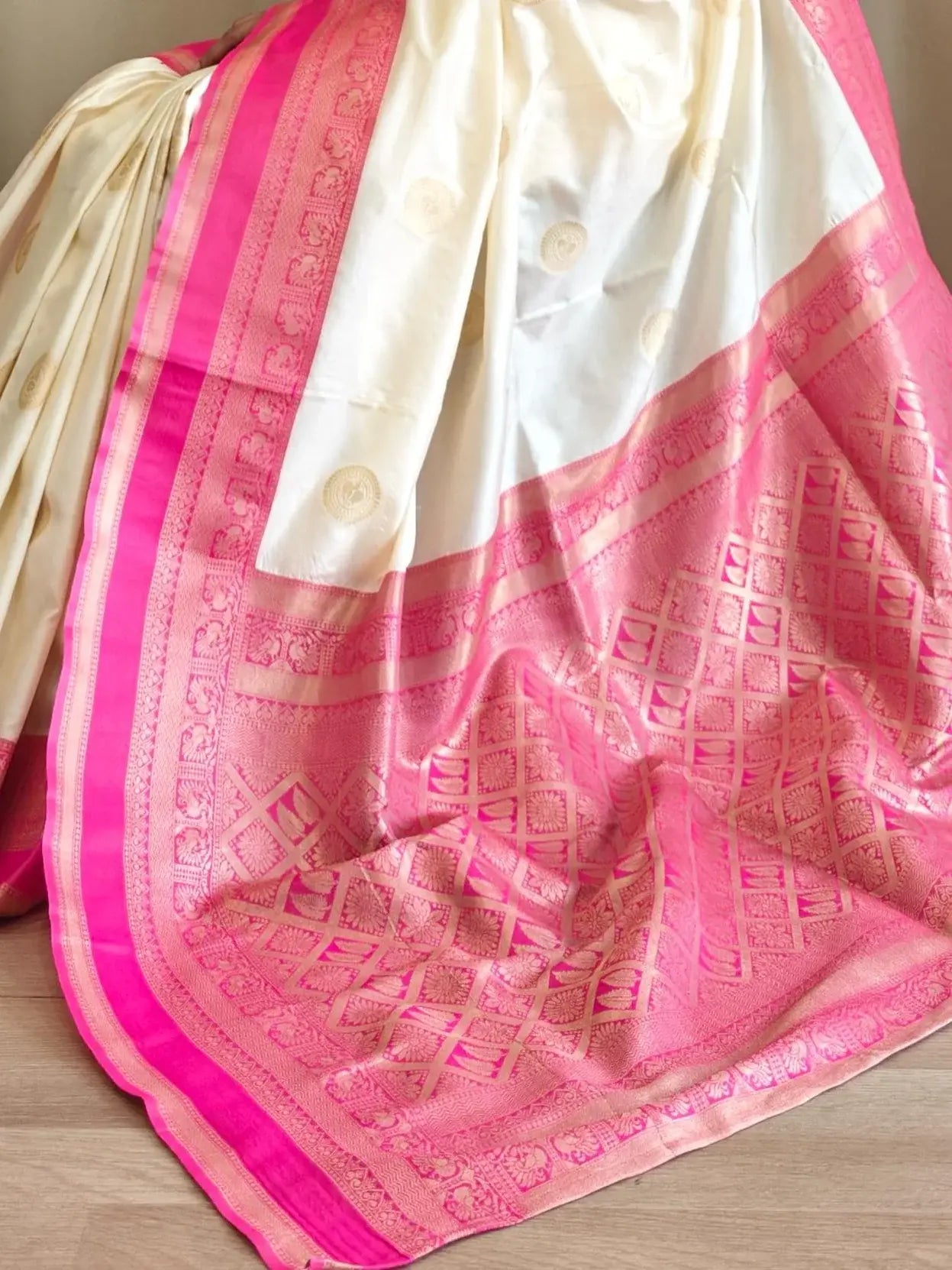 Great Off-White Zari Weaving Silk Saree With Pink Blouse - Zeel Clothing